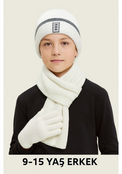 Genç Erkek 9-15 Yaş Örgü Bere Atkı Eldiven 3 'lü Takım Bej