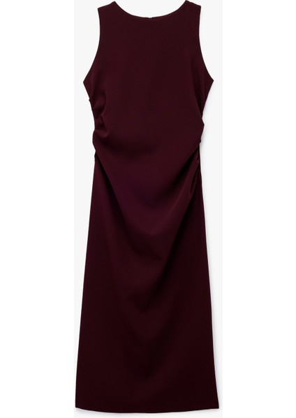 Krep Kumaş Drape Detaylı Yırtmaçlı Kolsuz Bisiklet Yaka Midi Kalem Elbise modelleri