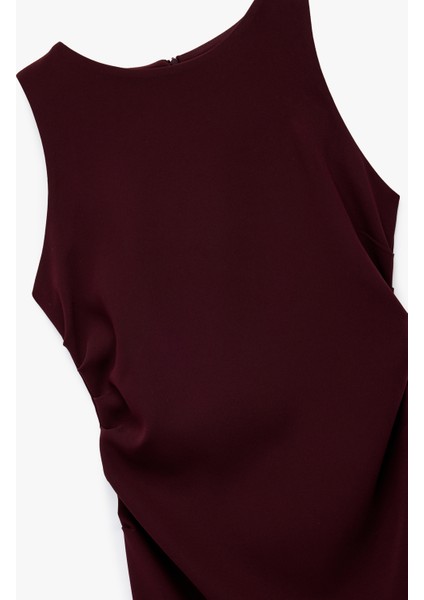 Krep Kumaş Drape Detaylı Yırtmaçlı Kolsuz Bisiklet Yaka Midi Kalem Elbise indirimleri