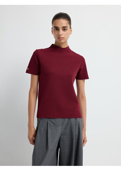 Boğazlı Kısa Kol Triko Bluz Bordo 11544535001