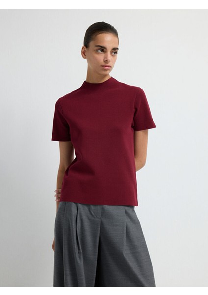 Boğazlı Kısa Kol Triko Bluz Bordo 11544535001 fırsatları