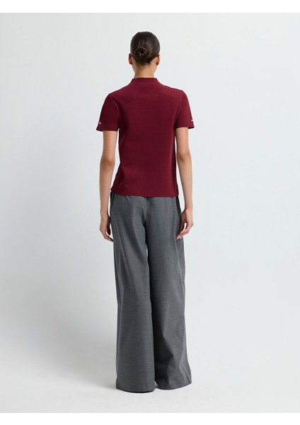 Boğazlı Kısa Kol Triko Bluz Bordo 11544535001