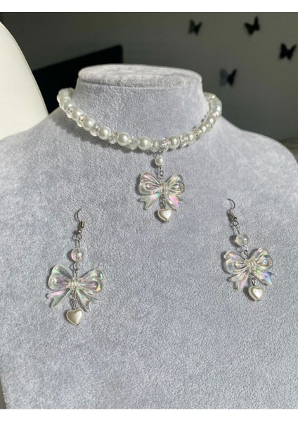 Coquette Incili Hologramlı Fiyonk Kolye ve Küpe Seti