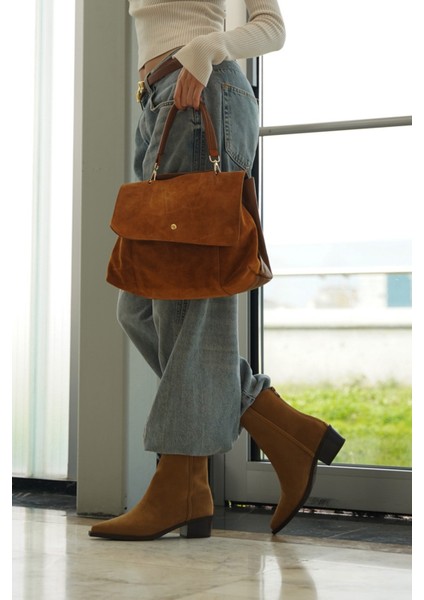 Kadın Hakiki Deri Fermuarlı Çıkabilen İç Cepli El ve Omuz Çantası Ornis Taba Süet fiyatları