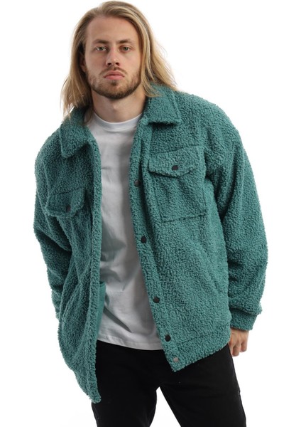 Erkek Oversize Çıt Çıt Kapamalı Cepli Petrol Peluş Ceket