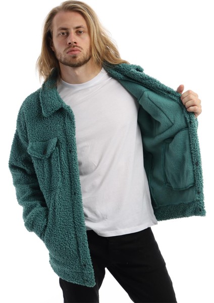 Erkek Oversize Çıt Çıt Kapamalı Cepli Petrol Peluş Ceket