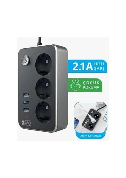 Isıya Dayanıklı Termal Akım Korumalı 2 mt 10A 2500W 3lü Priz ve 3 Usbi 21A Uzatma Kablosu modelleri