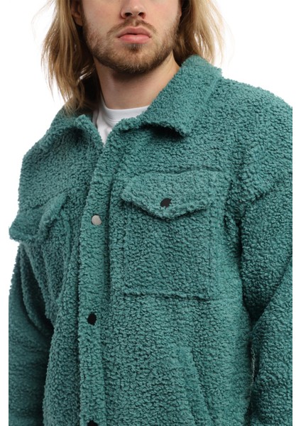 Erkek Oversize Çıt Çıt Kapamalı Cepli Petrol Peluş Ceket