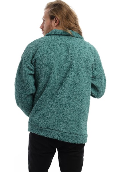 Erkek Oversize Çıt Çıt Kapamalı Cepli Petrol Peluş Ceket