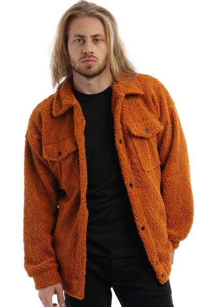Erkek Oversize Çıt Çıt Kapamalı Cepli Tarçın Peluş Ceket