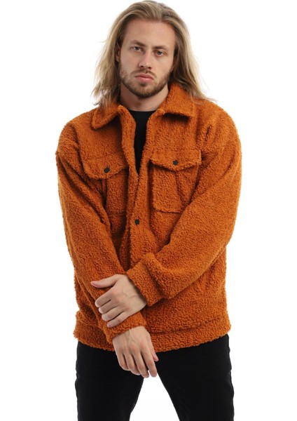 Erkek Oversize Çıt Çıt Kapamalı Cepli Tarçın Peluş Ceket