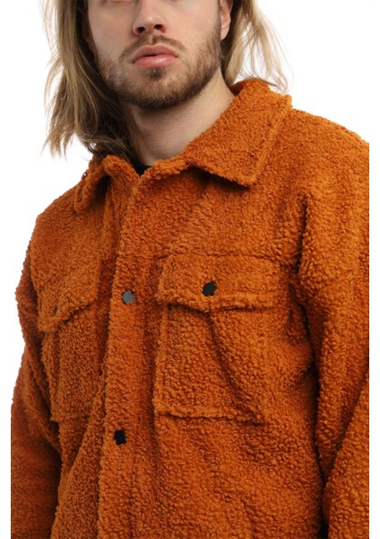 Erkek Oversize Çıt Çıt Kapamalı Cepli Tarçın Peluş Ceket