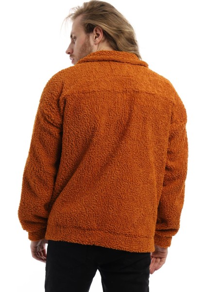 Erkek Oversize Çıt Çıt Kapamalı Cepli Tarçın Peluş Ceket