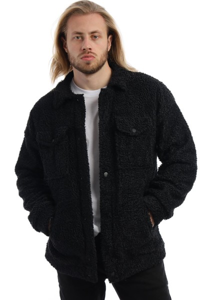 Erkek Oversize Çıt Çıt Kapamalı Cepli Siyah Peluş Ceket