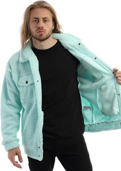 Erkek Oversize Çıt Çıt Kapamalı Cepli Mint Peluş Ceket