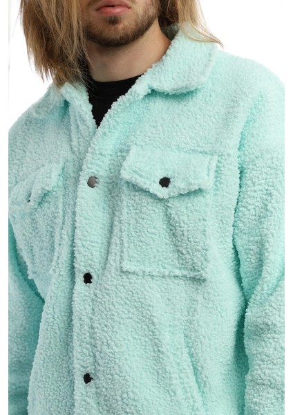 Erkek Oversize Çıt Çıt Kapamalı Cepli Mint Peluş Ceket