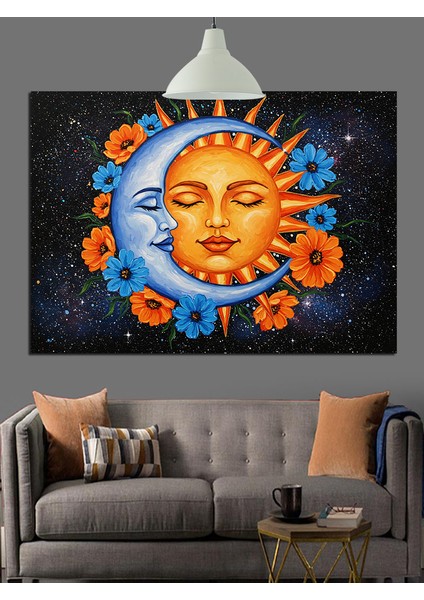 Güneş Ay Yüzleri Birlikteliği Dekoratif Kanvas - Mdf Ahşap Tablo