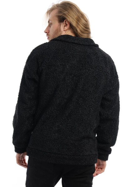 Erkek Oversize Çıt Çıt Kapamalı Cepli Siyah Peluş Ceket