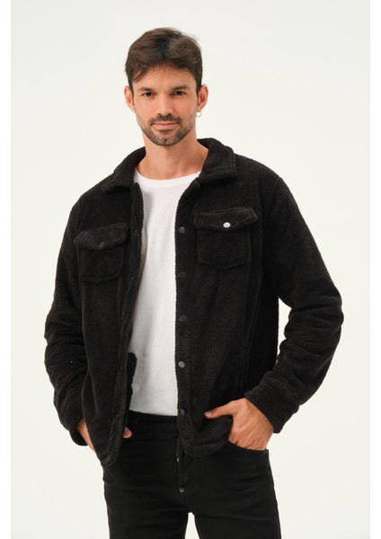 Erkek Oversize Çıt Çıt Kapamalı Cepli Peluş Siyah Ceket fırsatları