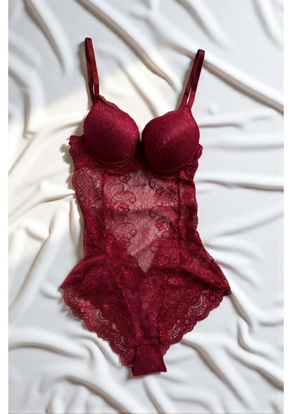 Bordo Dantelli Dolgulu Bodysuit Babydoll