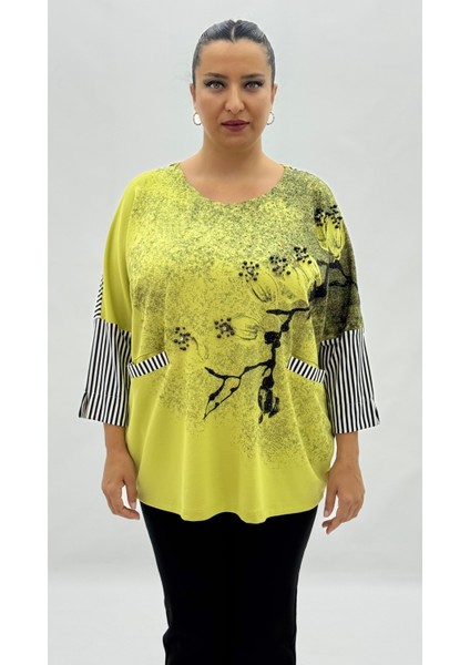 Büyük Beden Viskon Taşlı Inci Detaylı Cepli Kapri Kol Oversize Kadın Bluz