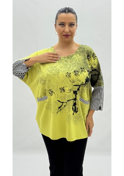 Büyük Beden Viskon Taşlı Inci Detaylı Cepli Kapri Kol Oversize Kadın Bluz fiyatları