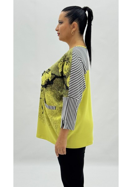 Büyük Beden Viskon Taşlı Inci Detaylı Cepli Kapri Kol Oversize Kadın Bluz modelleri