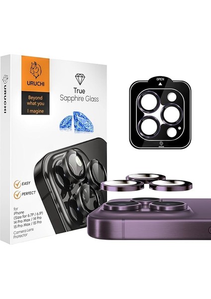 Uruchı iPhone 17 Pro / 17 Pro Max / 16 Pro/16 Pmax / 15P/15PM / 14P/14PM Safir Premıum Kamera Lens Koruyucu, [orijinal Tasarım] Çizilmez 9h Temperli Cam Kamera Ekran Koruyucu, Metal Lens, Mor