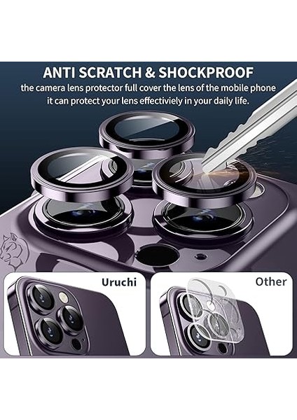 Uruchı iPhone 17 Pro / 17 Pro Max / 16 Pro/16 Pmax / 15P/15PM / 14P/14PM Safir Premıum Kamera Lens Koruyucu, [orijinal Tasarım] Çizilmez 9h Temperli Cam Kamera Ekran Koruyucu, Metal Lens, Mor modelleri