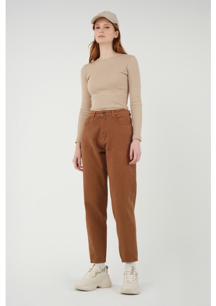 Yüksek Bel Balon Jean Taba