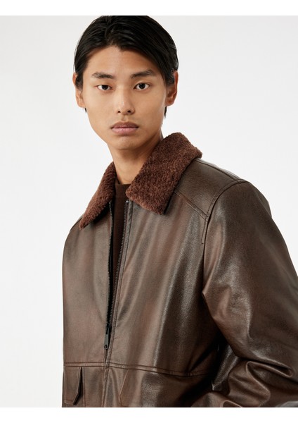 Uzun Kollu Cep Detaylı Slim Fit Fermuarlı Peluş Yaka Kışlık Suni Deri Ceket fiyatları