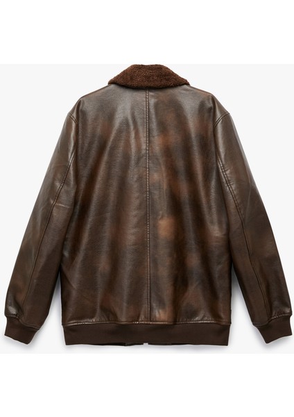 Uzun Kollu Cep Detaylı Slim Fit Fermuarlı Peluş Yaka Kışlık Suni Deri Ceket fırsatları