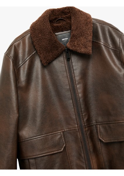 Uzun Kollu Cep Detaylı Slim Fit Fermuarlı Peluş Yaka Kışlık Suni Deri Ceket indirimleri