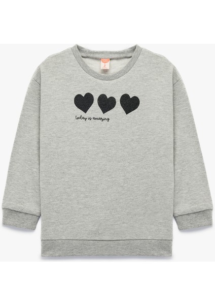 Kalp Baskılı Uzun Kollu Bisiklet Yaka Pamuklu Sweatshirt