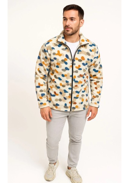 Erkek Tam Fermuarlı Desenli Polar Sweat - Beyaz -Vlmr