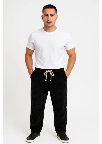 Erkek Fitilli Kadife Cepli Buggy Pantolon Oversize Rahat Kalıp - Siyah