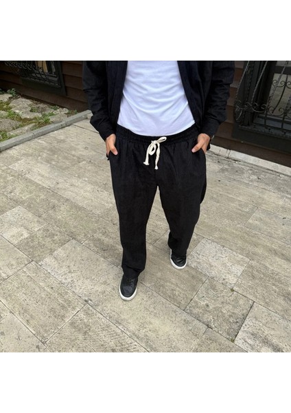 Erkek Fitilli Kadife Cepli Buggy Pantolon Oversize Rahat Kalıp - Siyah modelleri
