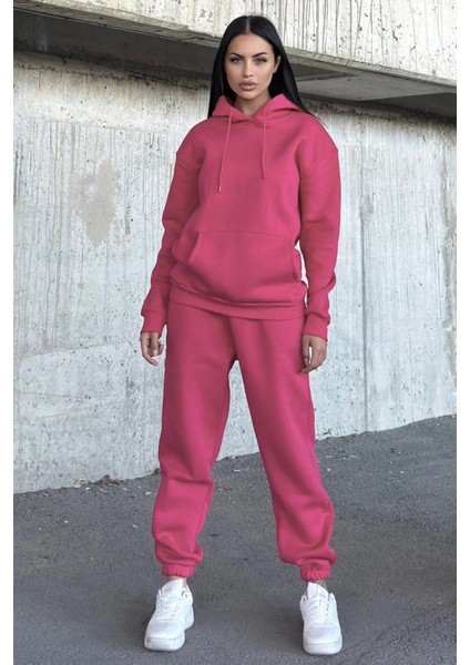 Kadın Oversize 3 Iplik Içi Şardonlu Paçası Lastikli Kapüşonlu Kangur Cep Kalın Eşofman Takım