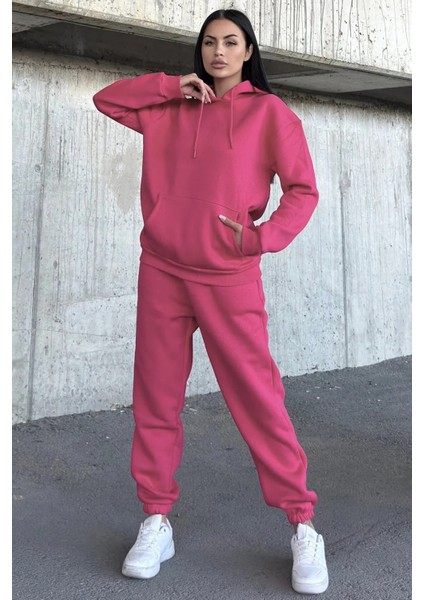 Kadın Oversize 3 Iplik Içi Şardonlu Paçası Lastikli Kapüşonlu Kangur Cep Kalın Eşofman Takım modelleri