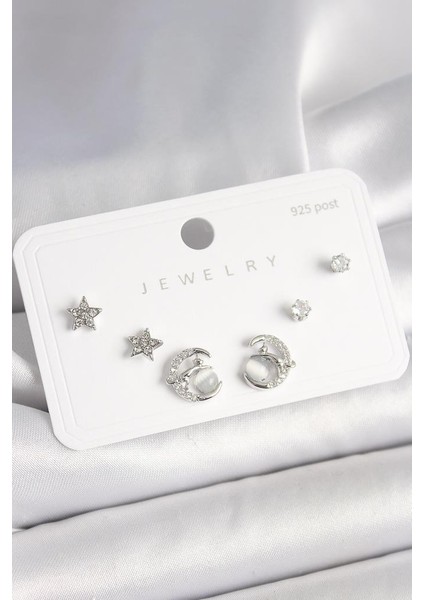 925 Ayar Gümüş Çivi Zirkon Taşlı Hilal Yıldız Model Kadın Küpe Seti - BKP10398 (800800)