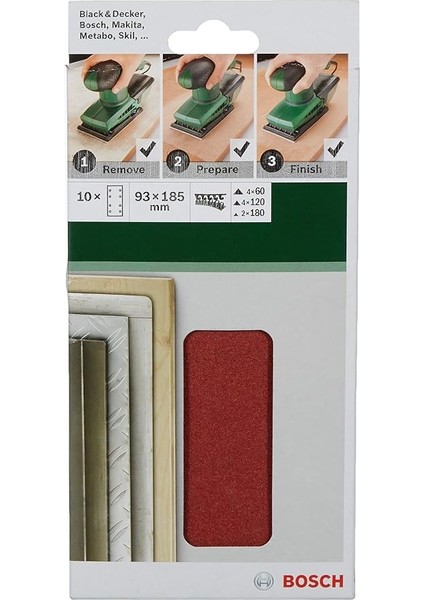 Titreşimli Zımpara Kağıdı 10'lu Set, 93, 185 mm 60/120/180 Kum 8 Delik, Gri