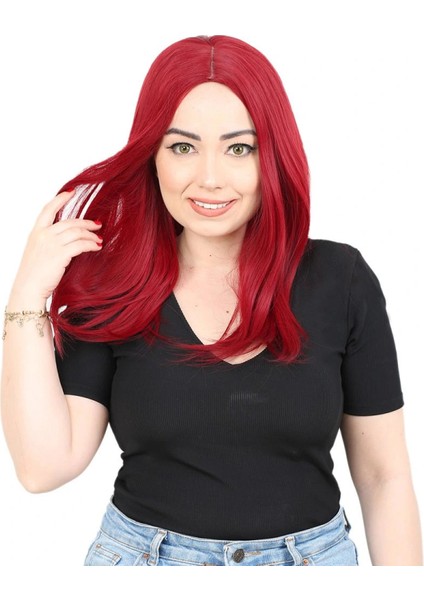 Kahkülsüz Fiber Sentetik Orta Boy Düz Peruk - Kızıl