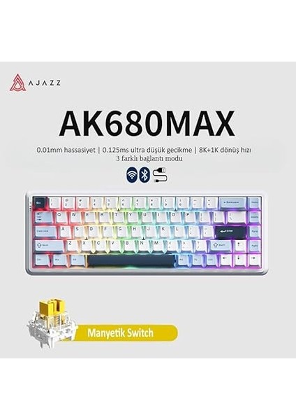 Ajazz AK680 Max%68 Manyetik Switch, 3000MAH Batarya 8000 Hz KABLOLU-1000 Hz Polling Rate Kablosuz Manyetik Klavye Rgb Arkadan Aydınlatmalı Tuşlar (AK680 Max - Beyaz Lacivert) fiyatları