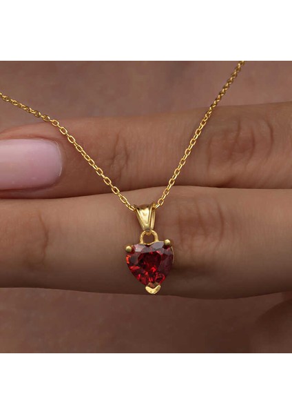 925 Ayar Gümüş Gold Kırmızı Taşlı Kalpli Kadın Kolye T8325 (800800)