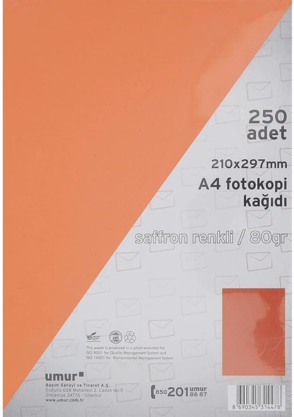 A4 Renkli Fotokopi Kağıdı, Saffron, 250 Yaprak