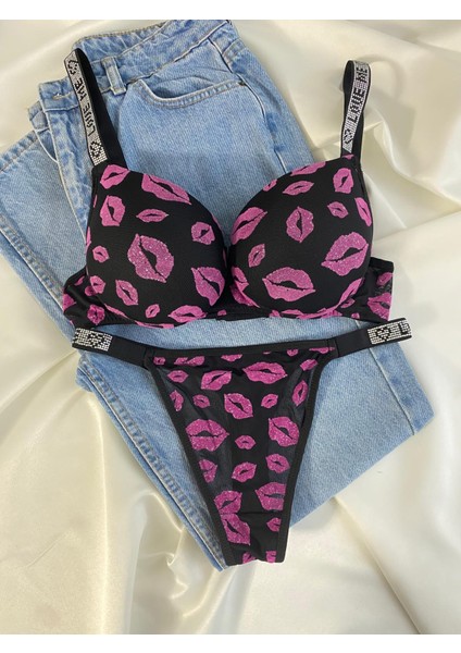 Kadın Öpücük Baskılı Taşlı Balenli Destekli Dolgulu Push Up Sütyen Takımı Iç Çamaşırı Takımı