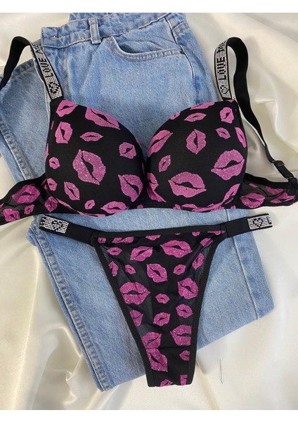Kadın Öpücük Baskılı Taşlı Balenli Destekli Dolgulu Push Up Sütyen Takımı Iç Çamaşırı Takımı fiyatları