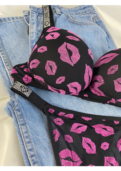 Kadın Öpücük Baskılı Taşlı Balenli Destekli Dolgulu Push Up Sütyen Takımı Iç Çamaşırı Takımı modelleri