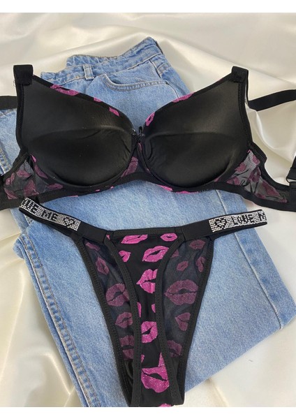 Kadın Öpücük Baskılı Taşlı Balenli Destekli Dolgulu Push Up Sütyen Takımı Iç Çamaşırı Takımı fırsatları