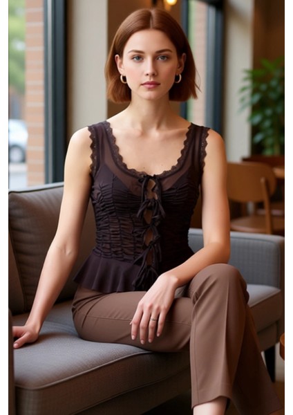 Kadın Kare Yaka Büzgülü Tül Bluz Kaliteli Şık Rahat Modern Zarif Günlük